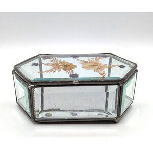 Vintage Small Clear Glass Mirrored Jewelry Box with Dried Flowers Hinged 7"